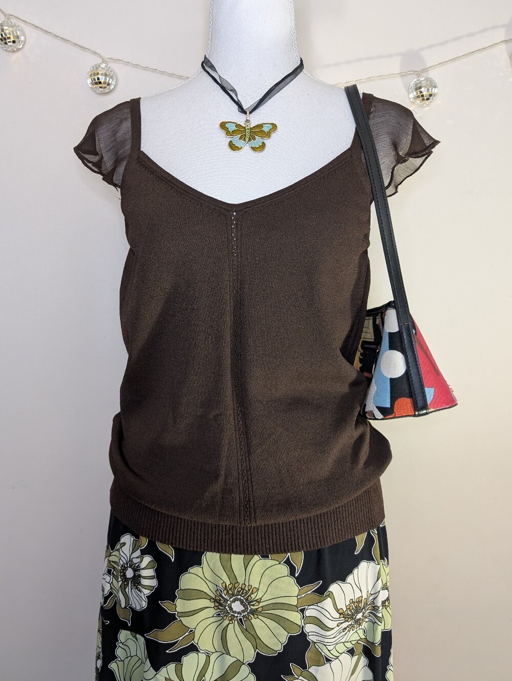 Brown Sheer Flutter Sleeve Knit Camisole